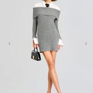 Off-the-Shoulder Ribbed Knit Mini Dress in Gray